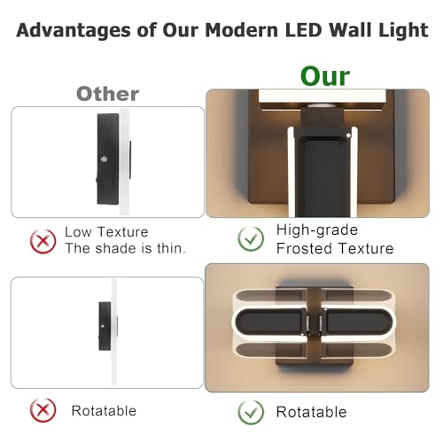 Image of LED Indoor Wall Sconce - Modern Interior 12W 3000K Adjustable Wall Mounted Light Fixtures, Acrylic Glass Wall Lights for Stairway, Interior LED Wall Light for Hallway, Black,Not Dimmable