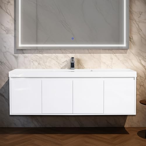 Blossom 60 Inch Floating Bathroom Vanity, Modern Single Sink Vanity with Marine-Grade Plywood, Zero-VOC Glossy White Wall Mounted Cabinet, Pre-Assembled for Easy Plumbing Install