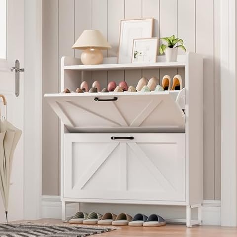 Betterhood Shoe Storage Cabinet with 2 Flip Drawers, Entryway Slim Shoe Rack Cabinet, Freestanding Hidden Shoe Organizer Cabinet with Metal Legs, White Cover