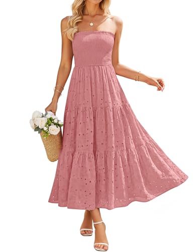 ZESICA Womens 2026 Summer Boho Strapless Midi Dresses Off Shoulder Smocked Eyelet Wedding Guest Beach Long Dress Pockets Pink X-Large