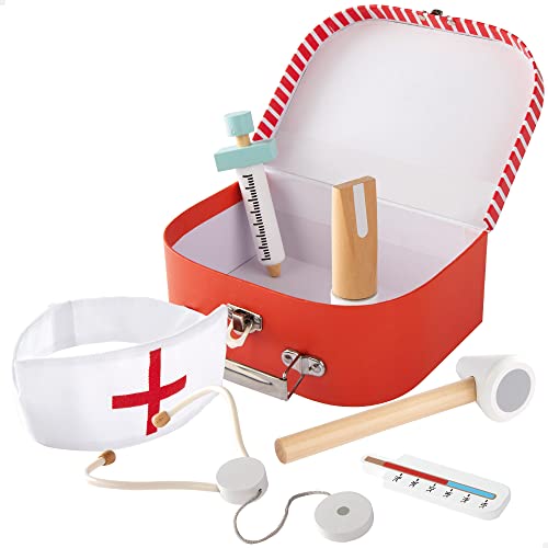 WOOMAX - Maletín médico juguete madera, 19x7x14,5 cm, Botiquín y accesorios médicos, juguetes de profesiones, + 3 años (49301)