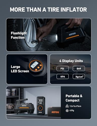 Image of AstroAI AIRUN H Tire Inflator Portable Air Compressor,Fast Inflation Electric Air Pump for Car Tires-Car Accessories,9.8Ft Cord-12VDC-Powered Auto Shut-Off with Digital Pressure Gauge,LED Light,Orange