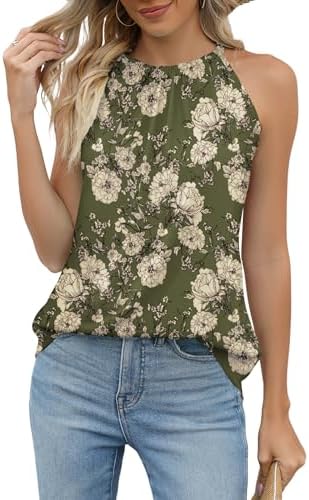 Summer Halter Tank Tops for Women Loose Fit Pleated Tie Back Slee...