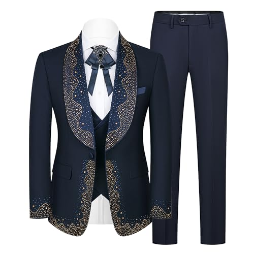 Mens Tuxedo 3 Pieces Slim Fit Suit Blazer Bead Shawl Lapel Vest Pants Wedding Prom Host Banquet Performance