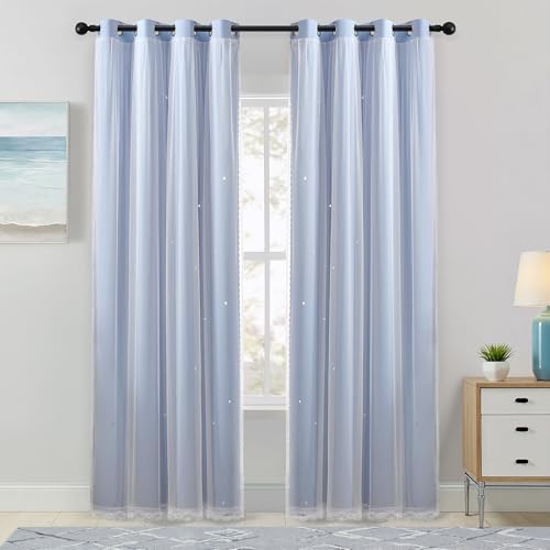 Image of XiDi Sky Blue Blackout Curtains with Sheer Overlay Mix and Match Double Layer Thermal Insulated Window Panels 90 inch for Living Room Bedroom Blue Drapes with Tiebacks Grommet Top 34 inch Wx90 Lx2