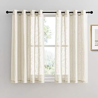 PONY DANCE 54 Drop Voile Curtains - Linen Look Translucent Net Voile Curtain with Eyelets Light Filter & Privacy Protected for Bedroom, Set of 2, 52 inch Wide by 54 inch Drop, Beige Cream