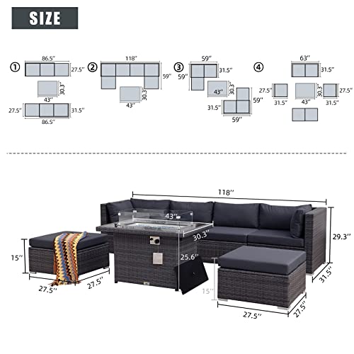 Nicesoul® 118''L- High Back Large Size Pe Rattan Patio Furniture Sectional Sofa Sets With Cushions Outdoor Pe Wicker Conversation Sets Including Csa Aproved Fire Pit Table With Stones & Wind Glass #TOP3