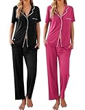 Ekouaer 2 Pack：Women Pajamas Short Sleeve Pj Set Notch Collar Button Up Loungewear Cozy Sleepwear Sets Hot Pink L