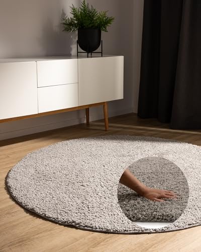 benuta Basic Hochflorteppich Teppich Wohnzimmer Sohari - Hellgrau 250 cm Rund - Minimalistischer Look - Weich & Waschbar - Für Schlafzimmer, Flur oder Esszimmer - Geeignet für Fußbodenheizung