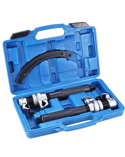 Facile da usare: questo strumento di compressione a molla a spirale è facile da usare e dotato di protezioni di sicurezza per evitare torsioni o scollegare le forche. Due tasselli sulle forcelle servono come protezione di sicurezza. Il dado centrale viene tenuto allentato per regolare la protezione alla lunghezza corretta attorno alla molla.
