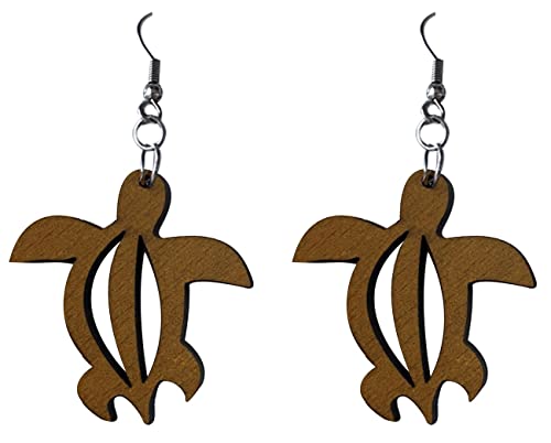 40mm Natural Wood Carved Tropical Hawaii Tribal Honu Sea Turtles Dangle Dangling Hypoallergenic Surgical Steel Hook Earrings - Main Image