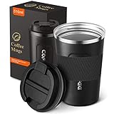 O'woda Taza de Café, Termo Taza de Viaje 380ML, Frasco de Vacío de Acero Inoxidable, Prueba de Fugas y Aislamiento, para Bebidas Frías y Calientes Bebidas Té Café Agua - Negro