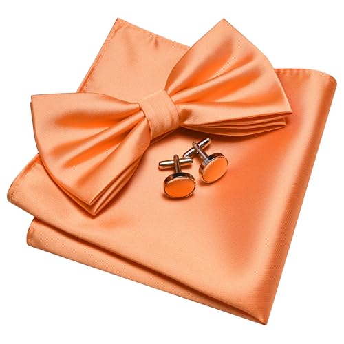 GUSLESON Light Orange Bow Tie and Pocket Square Cufflink Set for Wedding Mens Solid Pre-tied Bow ties (0570-41)