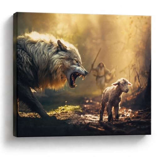 Image of Christian Wall Art Canvas Print, Jesus with Wolf and Lamb Religious Wall Decor, Faith Inspired Framed Artwork for Living Room, Bedroom, Prayer Room and Church Decorations, Gallery Wrapped Ready to