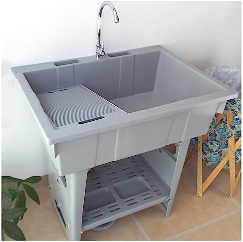 Portable Hand Washing Station - Freestanding Sink with Hot & Cold Faucet, Utility Tub & Laundry Washboard for Garage, Basement & Garden - Plastic, Gray, Single Cold