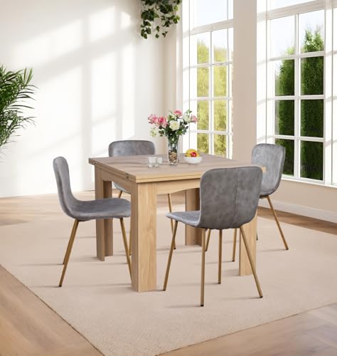 Hallowood Furniture Newquay Oak Flip Top Dining Table and Chairs Set 4, Extending or Folding Table and Chairs in Taupe Faux Leather Upholstery and Wood Effect Metal Legs for Home and Café