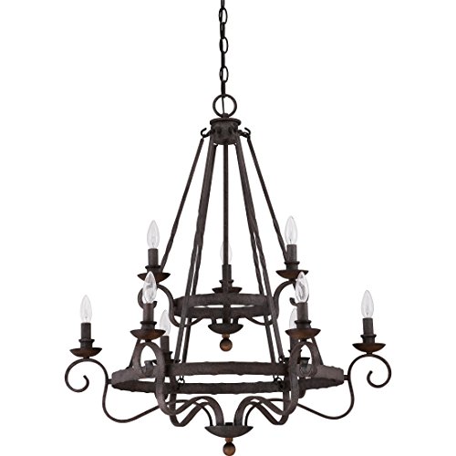 Image of Quoizel Noble Candle Chandelier, 9-Light, 36 inch H x 32 inch W Rustic Black Vintage Chandelier, 60W Bulbs, Max Adjustable Height 138 inch, Pendant Light for Kitchen, Dining, Living Room, Foyer or Farmhouse