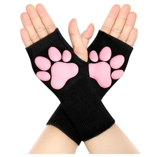 Nydotd Cat Paw Pad Mittens Gloves Kawaii Pink 3D Claw Fingerless Cute Cat Cosplay Gloves Sleeve for Girls Party (Black, Short)
