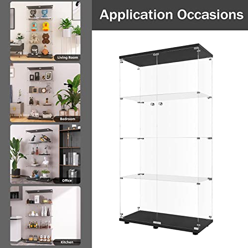 Lft Huimei2Y Glass Display Cabinet 4-Shelf With Double Door, Curio Cabinets Fast Installation In 30 Mins, 5Mm Tempered Glass Floor Standing Bookshelf For Bedroom, Living Room 64.7”X 32”X 14.4” Black #TOP5