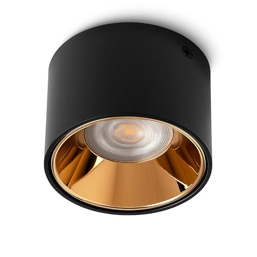 linovum MILAGU Spot LED encastrable noir avec panneau intérieur doré – 230 V – Spot de plafond plat blanc chaud – Montage en saillie Ø 80 x 60 mm