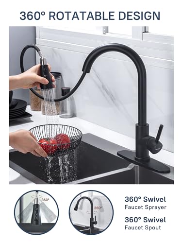 Image of WEWE Kitchen Sink Faucet, Pull Down Kitchen Faucet, Black and Chrome Kitchen Faucet with Sprayer Stainless Steel Single Handle one or Three Hole for Laundry bar Kitchen Sinks