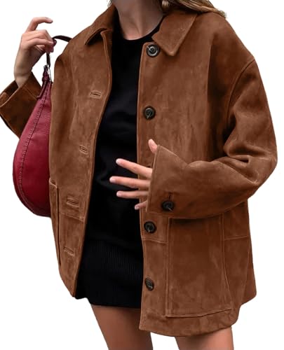 chouyatou Women's Fall Boyfriend Faux Suede Leather Jacket Casual Midi Long Button Down Shacket Coat