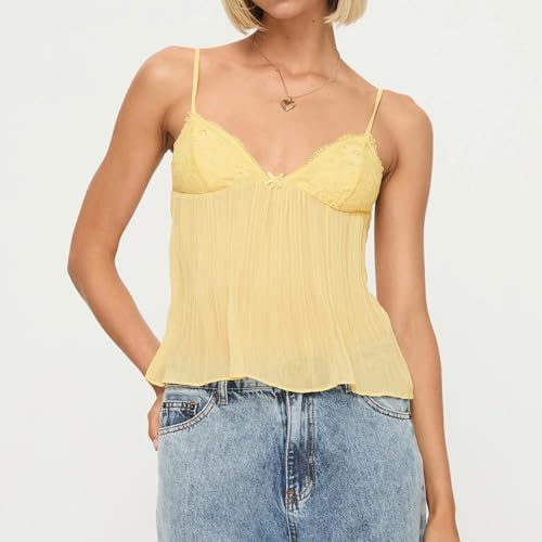 ICNGLKSND Women Y2K Sleeveless Mesh Cami Low Cut Spaghetti Strap Lace Trim Sexy Crop Top Sheer Flowy Beach Tops Pleated Tank2