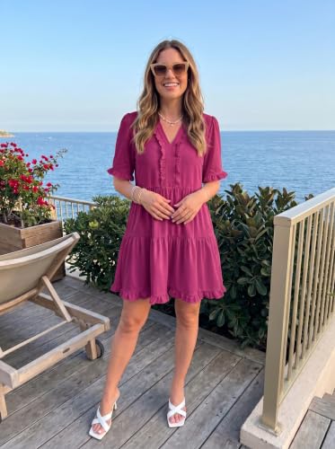 Image of Dokotoo Womens Summer Dresses 2026 V Neck A Line Short Sleeve Casual Ruffle Babydoll Mini Dress