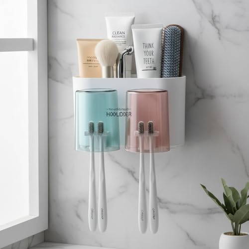 Image of Srxes Wall Mounted Toothbrush Holder, Bathroom Toothbrush Organizer with Mouthwash Cups, Brush Holder for Bathroom Wall Mounted, Tooth Brush Holder Bathroom, Toothbrush Holders for Bathroom Wall