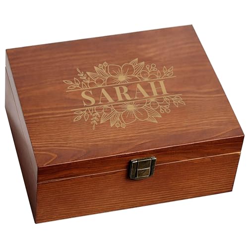 shop4ever Custom Wooden Keepsake Box, Floral Design And Name, Storage
