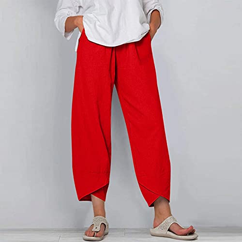 Image of Womens Cotton Linen Capri Pants Casual Elastic Printed Ankle Pants | Cotton Linen Capri Pants for Women 2025 Casual Printed Cropped Palazzo Pants Elastic Waist Lounge Baggy Trousers