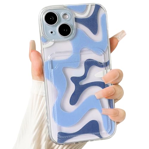 NITITOP Compatible for iPhone 13 Case Clear with Card Holder Cute Blue Ripple Wave Pattern for Women Girl Protective Soft TPU Shock-absorbing Wallet Case-Blue Ripple