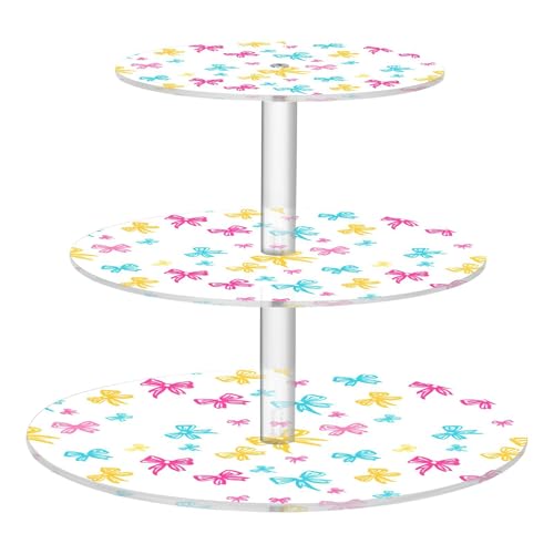 PYBUG Bows Pink 3 Tier Acrylic Cupcake Stands Tower,Dessert Table Display Set for Tea Party,Wedding,Birthday, Baby Shower