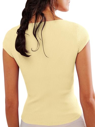 Image of Yousify Women's Short Sleeve Summer Tops 2025 Trendy Ribbed Knit Button Down Tight Basic Tees Shirts Going Out Y2K Clothes