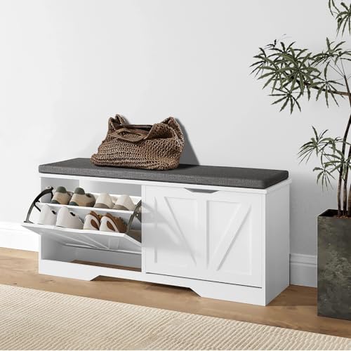 WOSSYO Shoe Storage Bench with 2 Flip Drawers Entryway Small Shoe Cabinet Shoes Bench with Padded Seat Cushion&Lift Top Storage Box, Modern Shoes Cabinet Shoe Organizer for Hallway, Living Room White1
