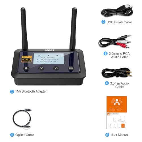 1Mii B03Pro+ Transmisor Receptor Bluetooth 5.3 LDAC para TV, Emisor Adaptador Bluetooth Audio HiFi aptX HD/Baja Latencia con Pantalla LCD, Salidas/Entradas Óptica/ 3,5mm AUX, Largo Alcance - imagen 7