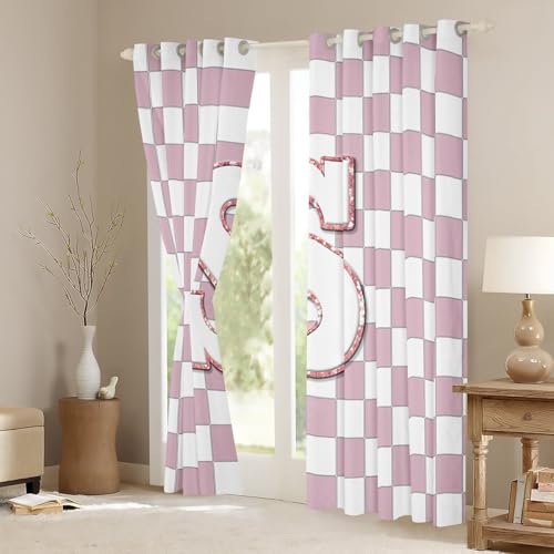 Image of Erosebridal Pink Initial S Window Drapes Kawaii Plaid Checkered Blackout Curtains 38 inchWx54 inchL Cute Personalized Monogram Curtains for Kids Girls Bedroom,Fashion Grids Gingham Window Treatments 2 Panels
