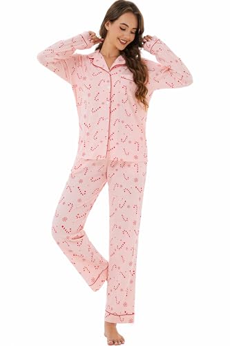 Image of LUBOT Christmas Pajamas for Women 100% Cotton Pajama 2 Piece PJ Set Soft Long Sleeve Button Xmas Print Loungewear XS-XXL
