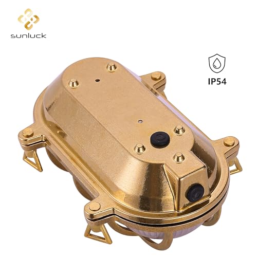 Image of Sunluck Brass Bulkhead Light,Grid Oval Nautical Wall Sconces,Lampshade,Ceiling Mount Lighting,Brass Sauna Light Waterproof IP54,Rust Resistant,for Decoration Cafe,Bar,Porches,Patios,Restaurants