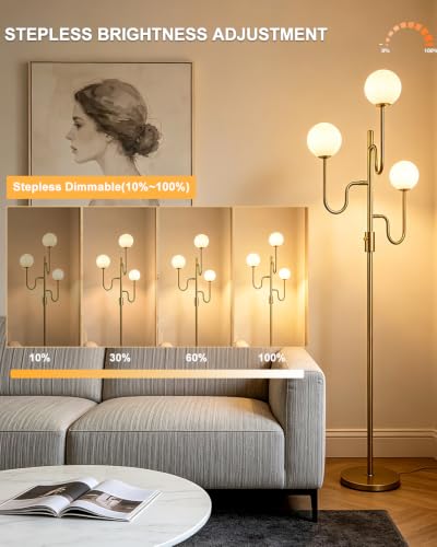 Image of Lightdot 68IN Globe Gold Floor Lamp Dimmable Floor Lamps with 3000K Soft Warm White for Wedding /Party, 3-Arm Mid Century Modern Standing Tall Lamp for Living Room /Bedroom /Sofa Beside /Corner Decor