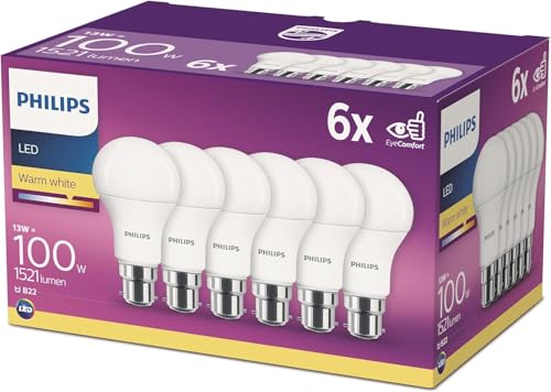 Philips ampoule LED Standard B22 100W Blanc Chaud Dépolie, Lot de 6