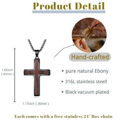 Mens Wooden Cross Necklace, Handmade Real Ebony Wood Cross Pendant for Men, Christian Crucifix Cross Necklace for Men, 24 Inch Stainless Steel Box Chain4