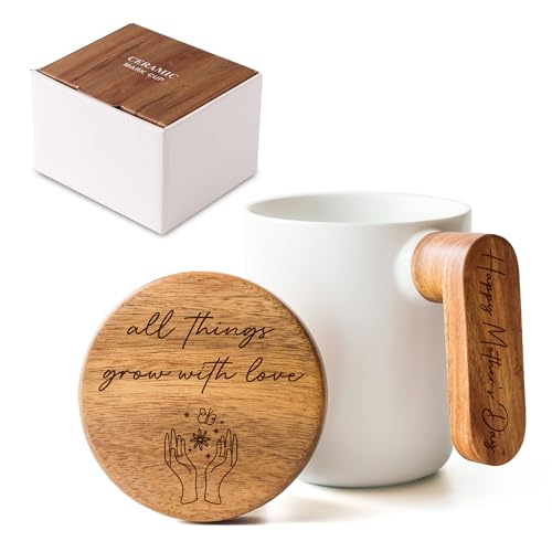 Custom Vibes Engraved Ceramic Coffee Mug with Acacia Wood Handle & Lid - 12 oz Tea Cup for Hot & Cold Drinks -Unique Gift Set with Stylish Packaging (White - all things growing with love)