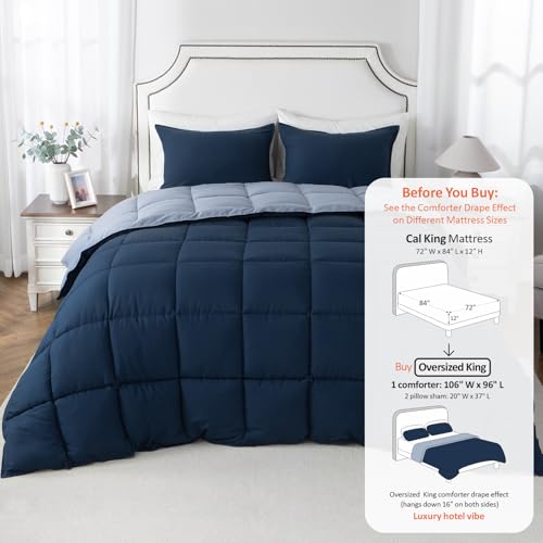 Image of California King Comforter Set, Reversible,Goose Down Alternative,All Season | 250 GSM Fill, Ultra-Soft, Lightweight, Machine Washable, 1 Comforter + 2 Pillow Shams, Dress Blues /Tempest
