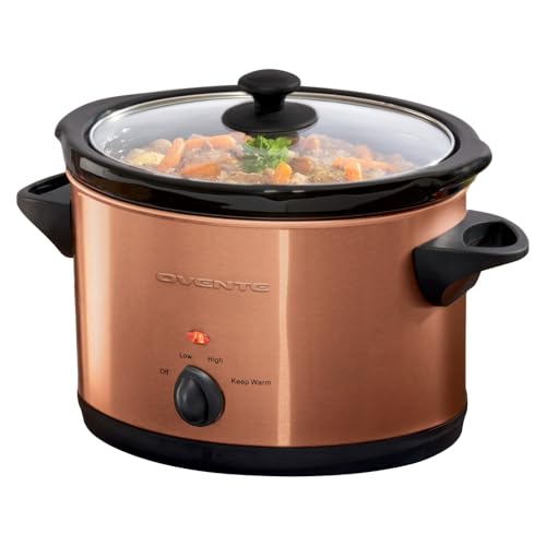 Image of OVENTE 4-Quart Electric Slow Cooker with 3 Temperature Setting, Removable Ceramic Pot, Dishwasher Safe Glass Lid, Stainless Steel Body, Ideal for Entrees, Soups, Sauces, Stews & Dips, Copper SLO40ACO