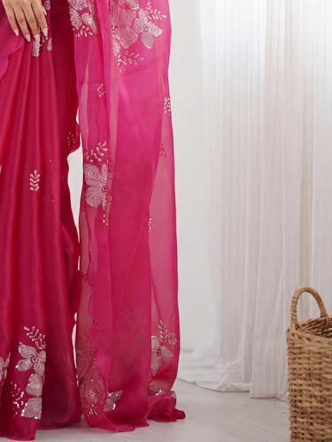 Image of AKHILAM Women's Shimmer Pure Georgette Embroidered Ready To Wear one Minute Saree With Unstitched Blouse Piece