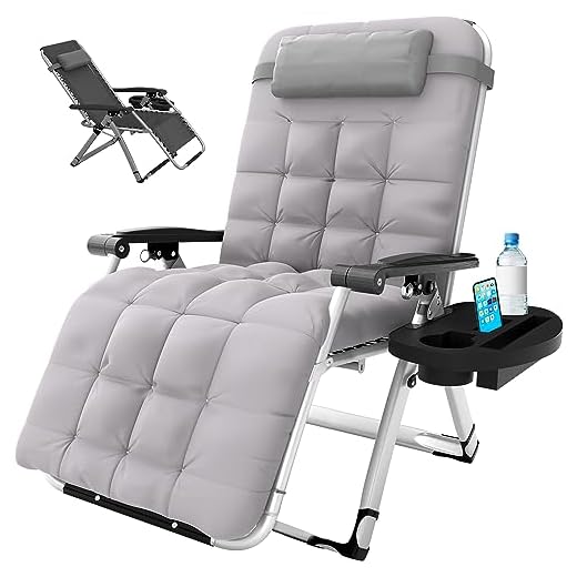 Elevens Oversized Zero Gravity Chair, 30in Reclining Patio Lounge Chair with Removable Cushion & Tray, Patio Lounge Chair with Adjustable Headrest, Support 500 lbs, Gray