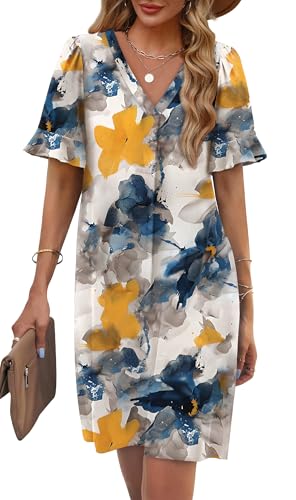 Image of OFEEFAN Summer Dresses for Women Ruffle Short Sleeve V Neck Casual Shift Dress with Pockets