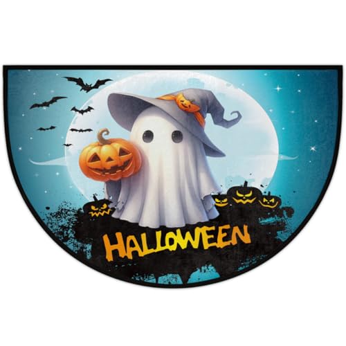 Image of cfpolar Half Round Door Mat Ghosts Halloween Pumpkin Bat Non-Slip Semi Circle Area Rug Washable Half Moon Hearth Rugs for Indoor Outdoor Bathroom Kitchen Patio Runner Mat Laundry Room Home Decoration
