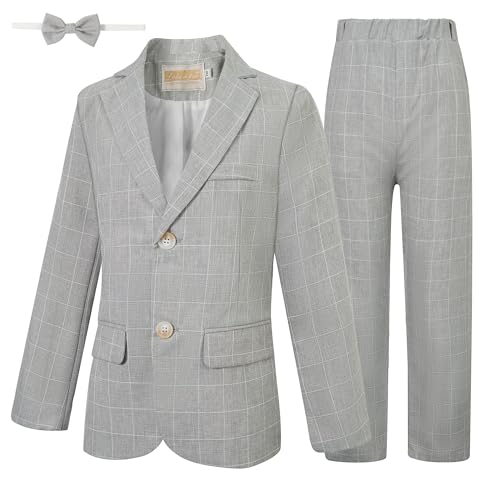 Image of LOLANTA Boys Suit Wedding Ring Bearer Outfit Kids Formal Wear Dress Clothes | Boy 3-Piece Plaid Suits, Sport Coat Blazer and Pants Set with Adjustable Bow Tie, Gentleman Birthday Party Graduation Outfits